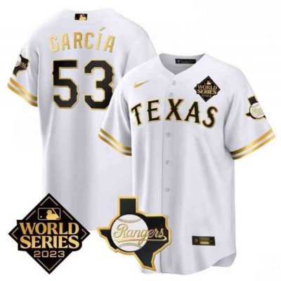 Men's Texas Rangers & Cowboys #53 Adolis Garc'a White 2023 World Series Splite Stitched Baseball  Jersey