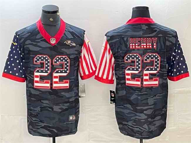 Men's Baltimore Ravens #22 Derrick Henry Camo USA Flag Limited Football Jersey