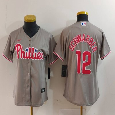 Women's Philadelphia Phillies #12 Kyle Schwarber Grey Cool Base Stitched Baseball Jersey(Run Small)