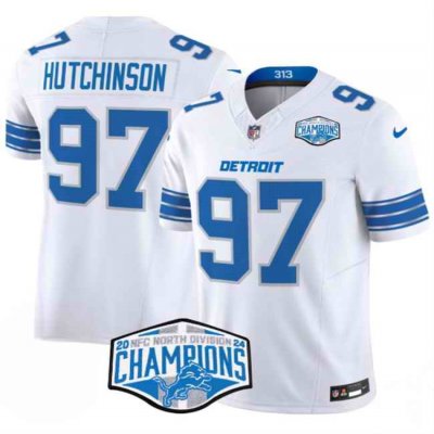 Men's Detroit Lions #97 Aidan Hutchinson White 2024 NFC North Champions F.U.S.E. Vapor Limited Stitched Jersey