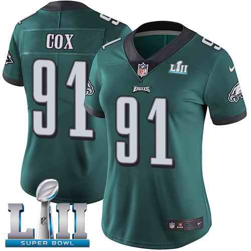 Women's Philadelphia Eagles #91 Fletcher Cox Green Super Bowl LII Bound Patch Game Event Stitched NFL Jersey