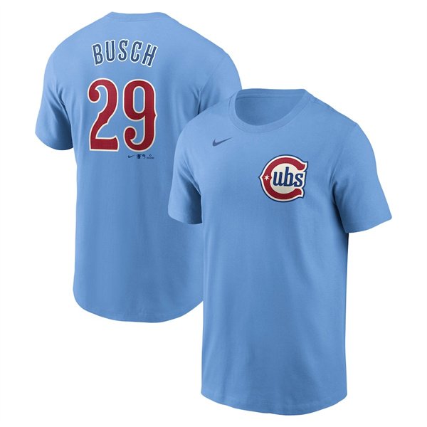 Men's Chicago Cubs #29 Michael Busch Baby Blue Fuse Name & Number T-Shirt