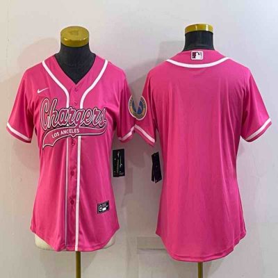 Women's Los Angeles Chargers Blank Pink With Patch Cool Base Stitched Baseball Jersey(Run Small)