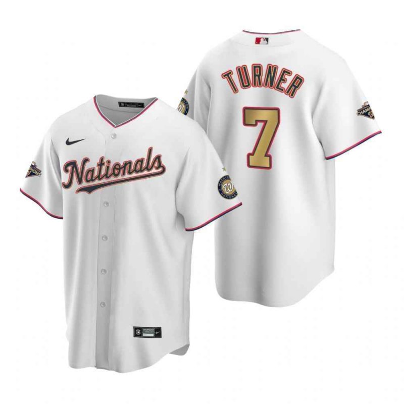 Men's Washington Nationals #7 Trea Turner White 2020 Gold Program Stitched Championship Jersey