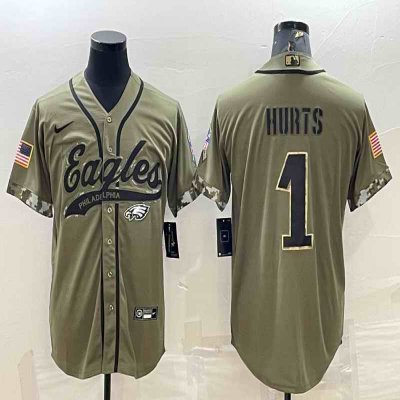 Men's Philadelphia Eagles #1 Jalen Hurts Olive 2022 Salute To Service Cool Base Stitched Baseball Jersey