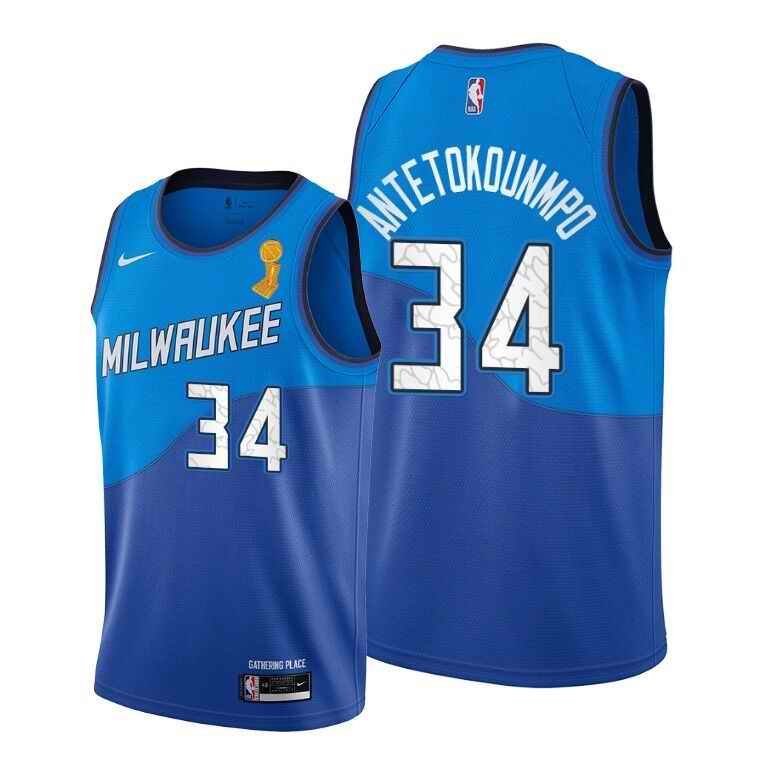 Men's Milwaukee Bucks #34 Giannis Antetokounmpo 2021 Blue Finals Champions Stitched Basketball Jersey