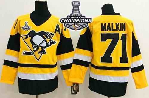 Penguins #71 Evgeni Malkin Yellow Throwback 2016 Stanley Cup Champions Stitched NHL Jersey