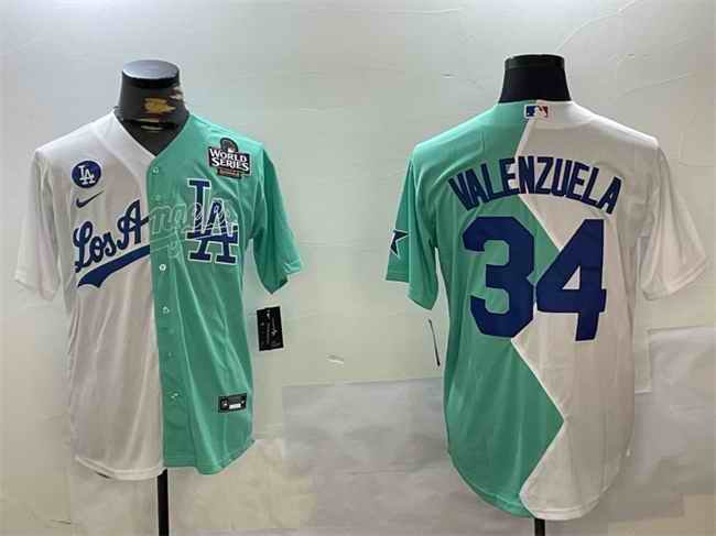 Men's Los Angeles Dodgers #34 Toro Valenzuela White/Green Split 2024 World Series All-Star Cool Base Stitched Baseball Jersey