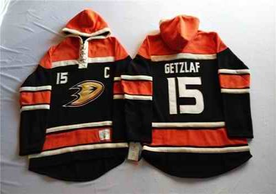 Ducks #15 Ryan Getzlaf Black Sawyer Hooded Sweatshirt Stitched NHL Jersey