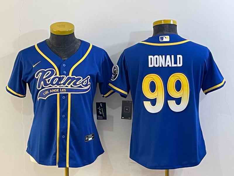 Women's Los Angeles Rams #99 Aaron Donald Royal With Patch Cool Base Stitched Baseball Jersey(Run Small)