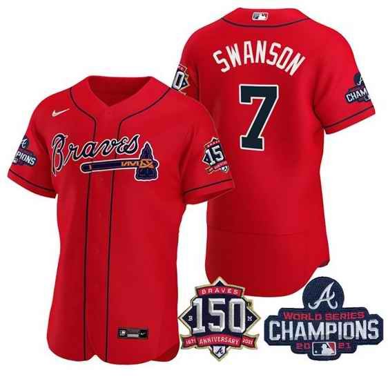 Men's Atlanta Braves #7 Dansby Swanson 2021 Red World Series Champions With 150th Anniversary Flex Base Stitched Jersey