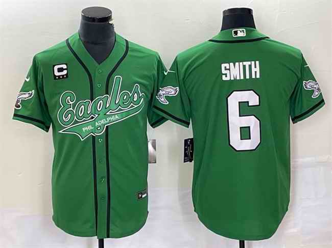 Men's Philadelphia Eagles #6 DeVonta Smith Green With 3-star C Patch Cool Base Stitched Baseball Jersey