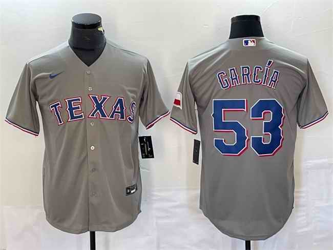 Men's Texas Rangers #53 Adolis Garc'a Grey With Patch Cool Base Stitched Baseball Jersey