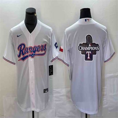 Men's Texas Rangers White 2023 World Series Champions Big Logo With Patch Cool Base Stitched Baseball Jersey