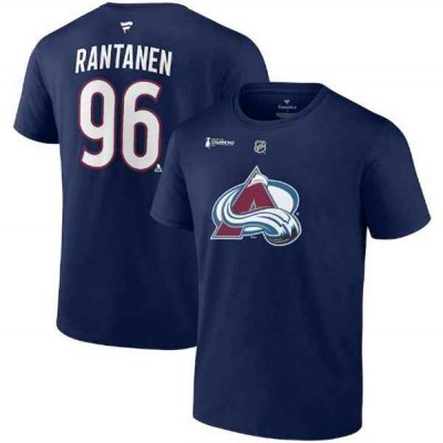 Men's Colorado Avalanche #96 Mikko Rantanen Navy 2022 Stanley Cup Champions Authentic Stack Name & Number T-Shirt