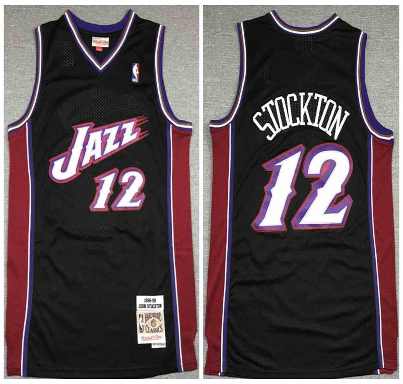 Men's Utah Jazz #12 John Stockton Black 1998-99 Throwback Stitched Jersey