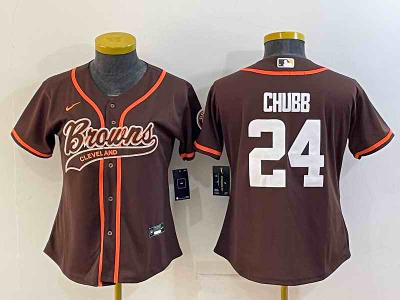 Women's Cleveland Browns #24 Nick Chubb Brown With Patch Cool Base Stitched Baseball Jersey(Run Small)