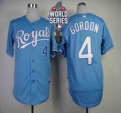 Royals #4 Alex Gordon Light Blue Cool Base W/2015 World Series Patch Stitched MLB Jersey