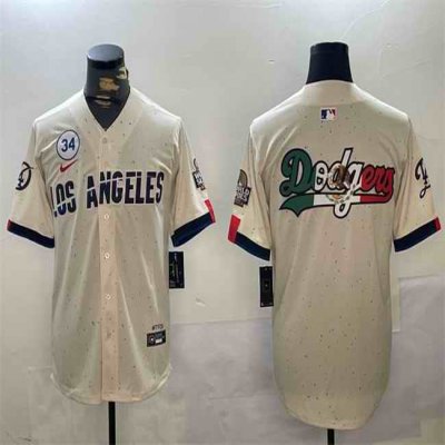 Men's Los Angeles Dodgers Team Big Logo Cream 2024 World Series With No. 34 Patch Limited Stitched Baseball Jersey