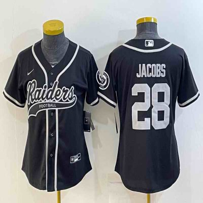 Women's Las Vegas Raiders #28 Josh Jacobs Black With Patch Cool Base Stitched Baseball Jersey(Run Small)