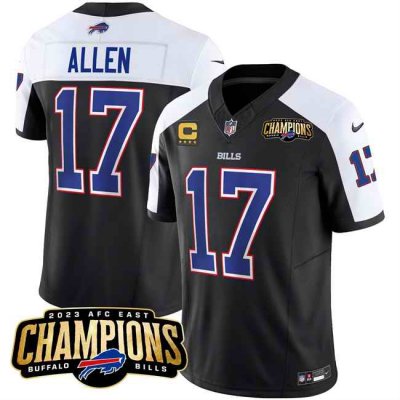 Women's Buffalo Bills #17 Josh Allen Black/White 2023 F.U.S.E. AFC East Champions With 4-star C Ptach Stitched Football Jersey(Run Small)