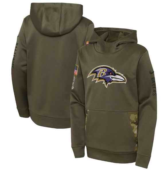 Youth Baltimore Ravens 2022 Olive Salute to Service Therma Performance Pullover Hoodie