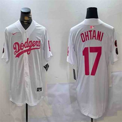 Men's Los Angeles Dodgers #17 Shohei Ohtani White/Pink Vin & Kobe Patch Limited Stitched Baseball Jersey