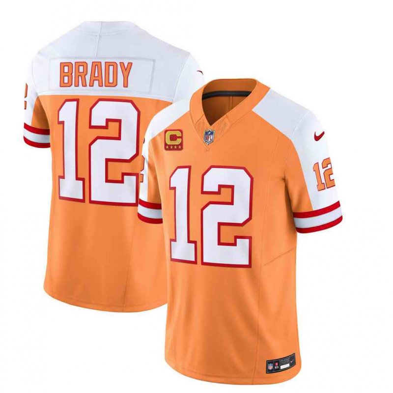 Men's Tampa Bay Buccaneers #12 Tom Brady 2023 F.U.S.E. White/Orange With 4-Star C Patch Throwback Limited Stitched Jersey