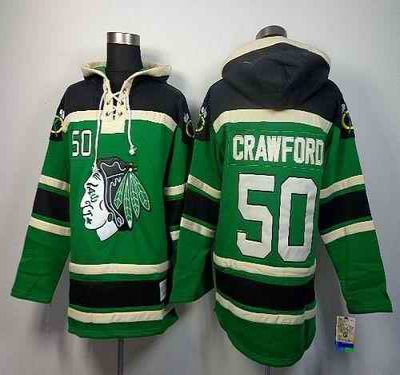 Blackhawks #50 Corey Crawford Green St. Patrick's Day McNary Lace Hoodie Stitched NHL Jersey