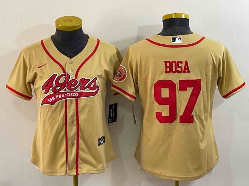 Women's San Francisco 49ers #97 Nick Bosa Gold With Patch Cool Base Stitched Baseball Jersey(Run Small)