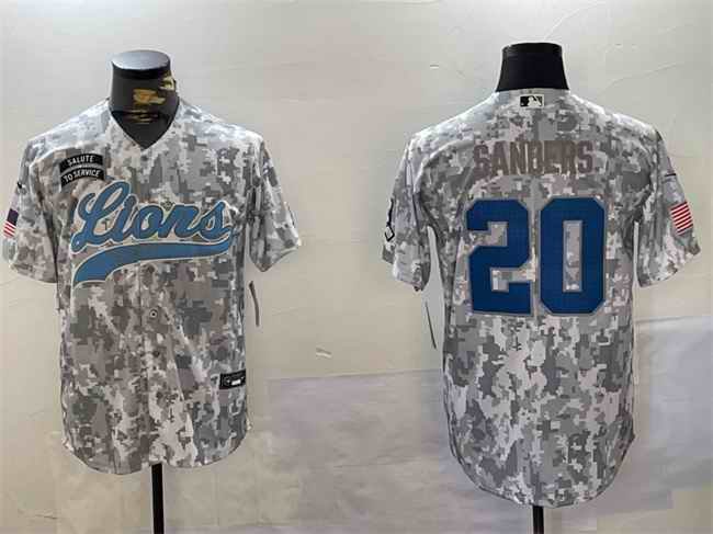 Men's Detroit Lions #20 Barry Sanders 2024 Arctic Camo Salute to Service Stitched Baseball Jersey