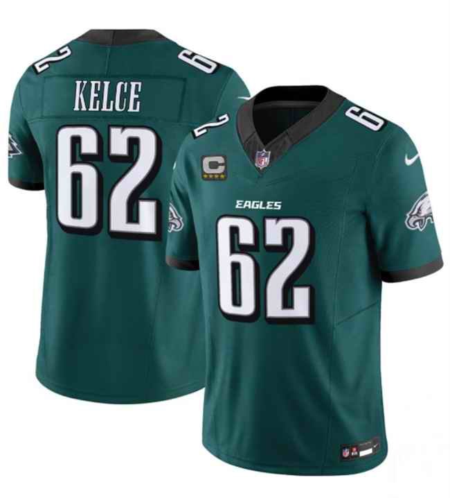 Men's Philadelphia Eagles #62 Jason Kelce Green 2024 New With 4-Star C Patch F.U.S.E. Vapor Untouchable Limited Stitched Football Jersey