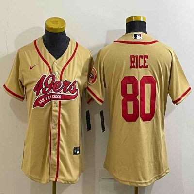 Women's San Francisco 49ers #80 Jerry Rice Gold With Patch Cool Base Stitched Baseball Jersey(Run Small)