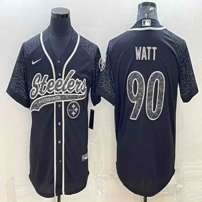 Men's Pittsburgh Steelers #90 T.J. Watt Black Reflective With Patch Cool Base Stitched Baseball Jersey