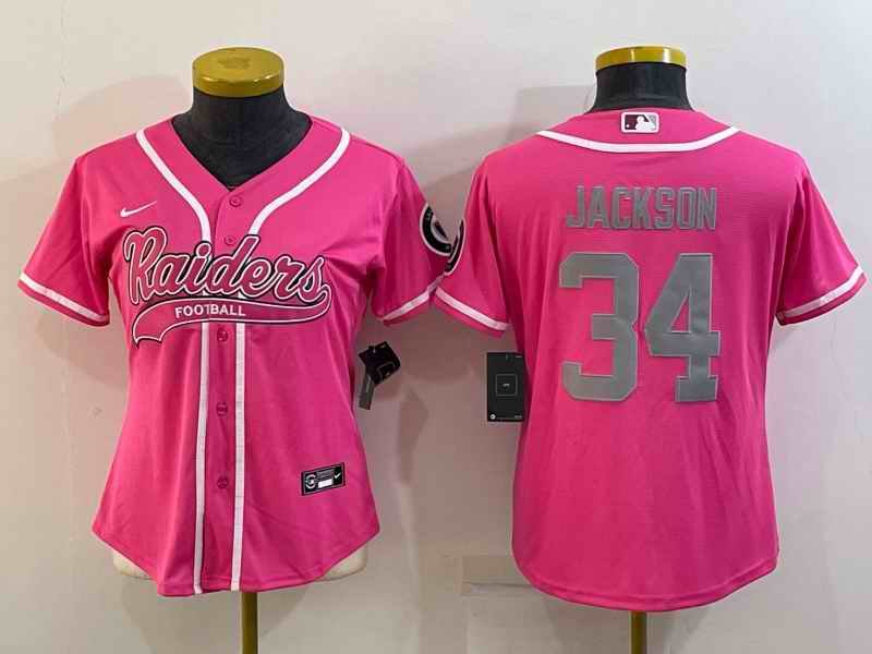 Women's Las Vegas Raiders #34 Bo Jackson Pink Silver With Patch Cool Base Stitched Baseball Jersey(Run Small)