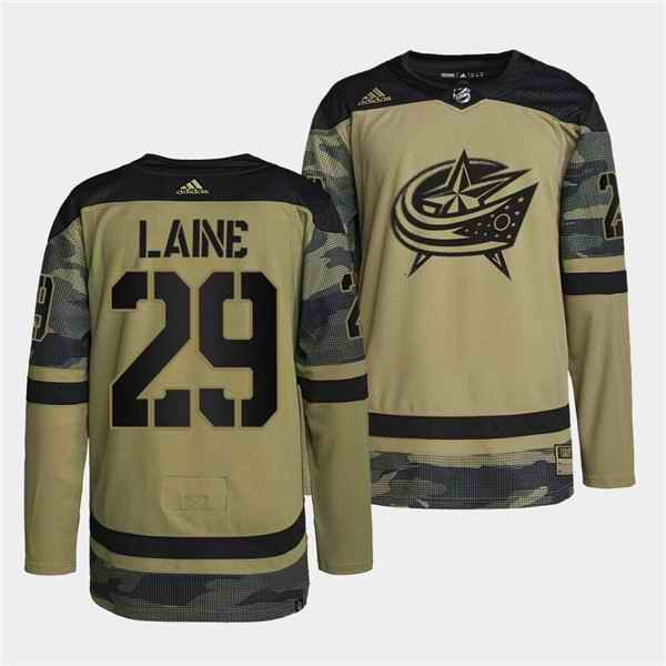 Men's Columbus Blue Jackets #29 Patrik Laine 2022 Camo Military Appreciation Night Stitched Jersey