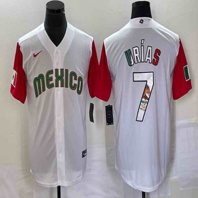 Men's Mexico Baseball #7 Julio Ur'as 2023 White Red World Baseball With Patch Classic Stitched Jersey