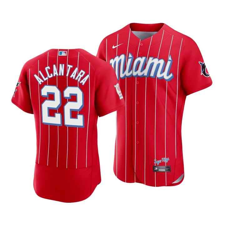 Men's Miami Marlins #22 Sandy Alcantara 2021 Red City Connect Flex Base Stitched Jersey