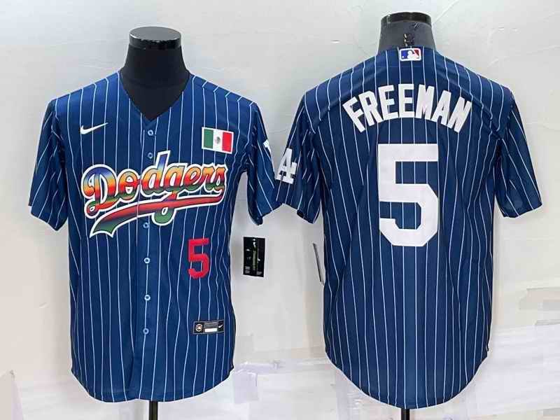 Men's Los Angeles Dodgers #5 Freddie Freeman Navy Mexico Rainbow Cool Base Stitched Baseball Jersey