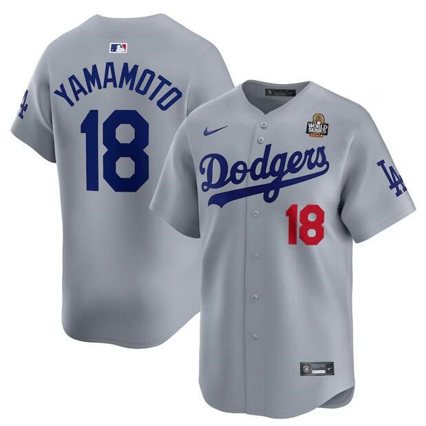 Men's Los Angeles Dodgers #18 Yoshinobu Yamamoto Grey 2024 World Series Alternate Limited Stitched Baseball Jersey