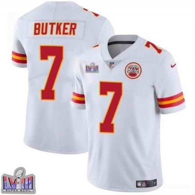 Men's Kansas City Chiefs #7 Harrison Butker White Super Bowl LVIII Patch Vapor Untouchable Limited Stitched Football Jersey