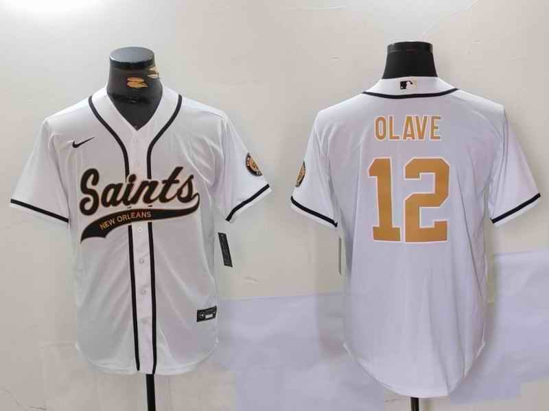 Men's New Orleans Saints #12 Chris Olave White Cool Base Stitched Baseball Jersey