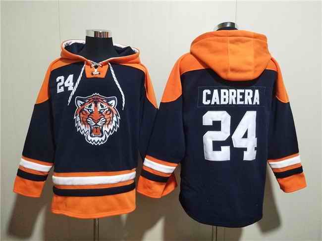 Men's Detroit Tigers #24 Miguel Cabrera Navy/Orange Lace-Up Pullover Hoodie