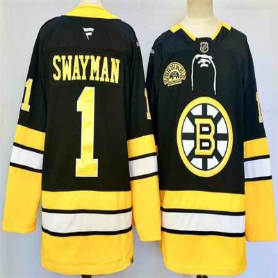 Men's Boston Bruins #1 Jeremy Swayman Black 100th Anniversary  Stitched Hockey Jersey