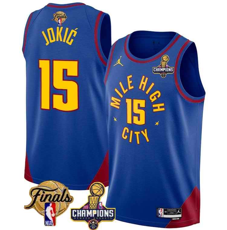 Men's Denver Nuggets #15 Nikola Jokic Blue 2023 Nuggets Champions Patch And Finals Patch Statemenr Edition Stitched Basketball Jersey