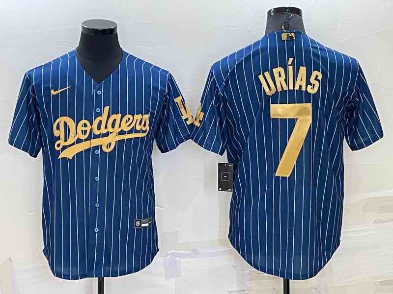 Men's Los Angeles Dodgers #7 Julio Ur'as Navy Gold Cool Base Stitched Baseball Jersey