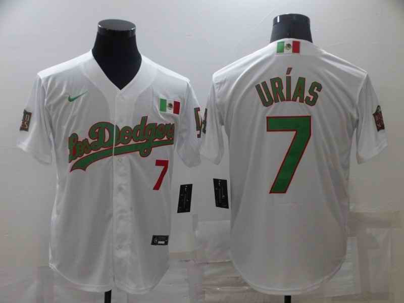 Men's Los Angeles Dodgers #7 Julio Urias White/Green Cool Base Stitched Baseball Jersey