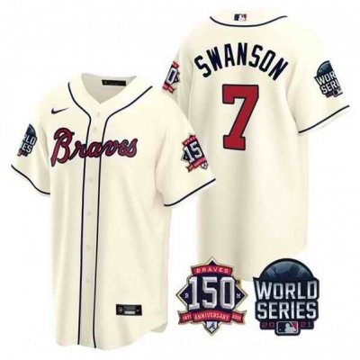 Men's Atlanta Braves #7 Dansby Swanson 2021 Cream World Series With 150th Anniversary Patch Cool Base Stitched Jersey