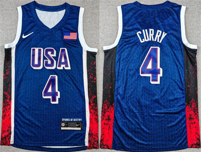 Men's USA Basketball #4 Stephen Curry Navy 2024 Olympics Stitched Jersey