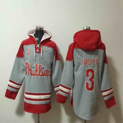 Men's Philadelphia Phillies #3 Bryce Harper Grey/Red Ageless Must-Have Lace-Up Pullover Hoodie